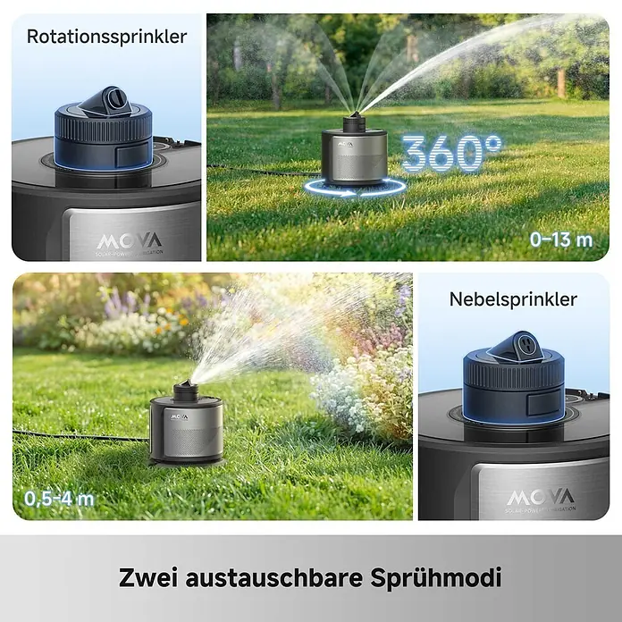 Mova Sektorenregner L10 - Max. Regnerfläche: 500 m² - MOVA Solargartensprenger mit zwei austauschbaren Köpfen: Rotationssprinkler (0-13m) und Nebelsprinkler (0,5-4m), im Garten gezeigt.