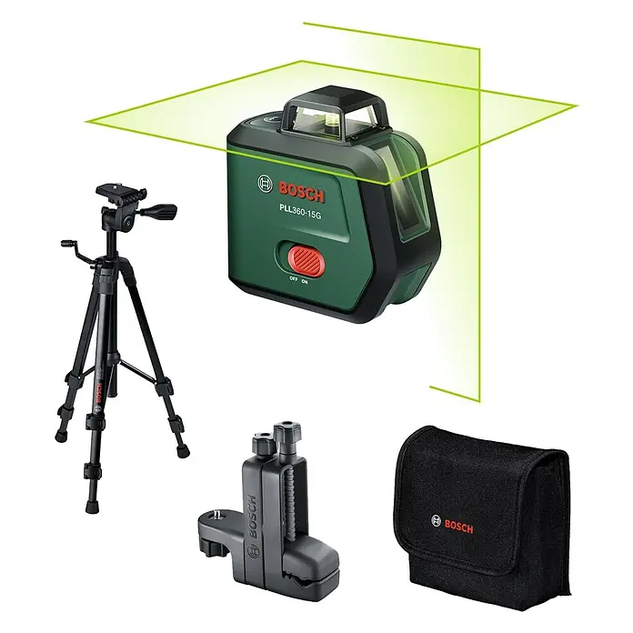Bosch Kreuzlinienlaser PLL360-15G Premium Set - Max. Arbeitsbereich: 30 m, 3,6 V - Grün-schwarzes Bosch Laser-Nivelliergerät-Set mit Stativ, Universalhalterung und Tragetasche. Es emittiert helle grüne Horizontal- und Vertikallinien.