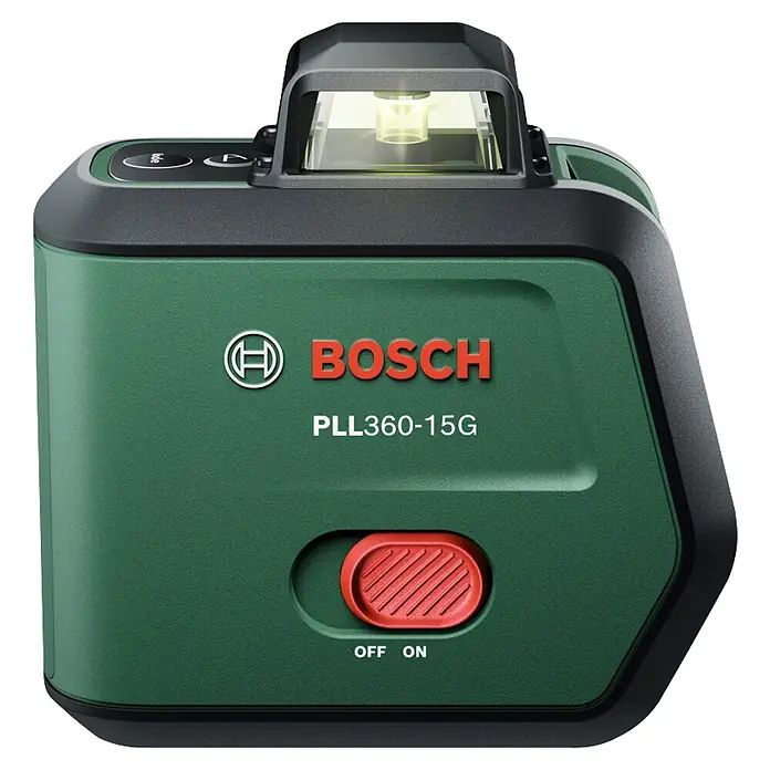 Bosch Kreuzlinienlaser PLL360-15G - Max. Arbeitsbereich: 30 m, 1 Akku, 3,6 V - Grünes und schwarzes Bosch PLL360-15G Laser-Nivelliergerät mit rotem Ein-/Ausschalter und leuchtendem Laser.