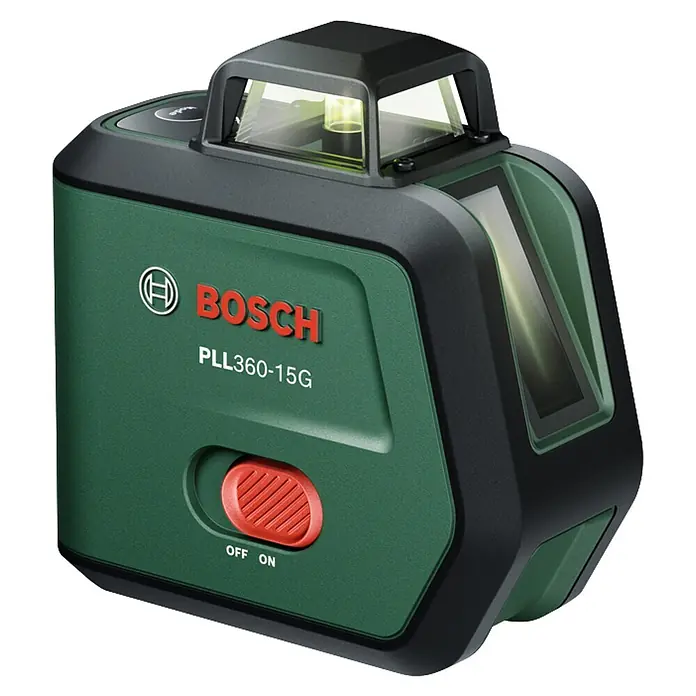 Bosch Kreuzlinienlaser PLL360-15G Set - Max. Arbeitsbereich: 30 m, 1 Akku, 3,6 V - Dunkelgrünes Bosch PLL360-15G Laser-Nivelliergerät mit schwarzen Akzenten und rotem Schalter, das einen hellgrünen Laserstrahl projiziert.