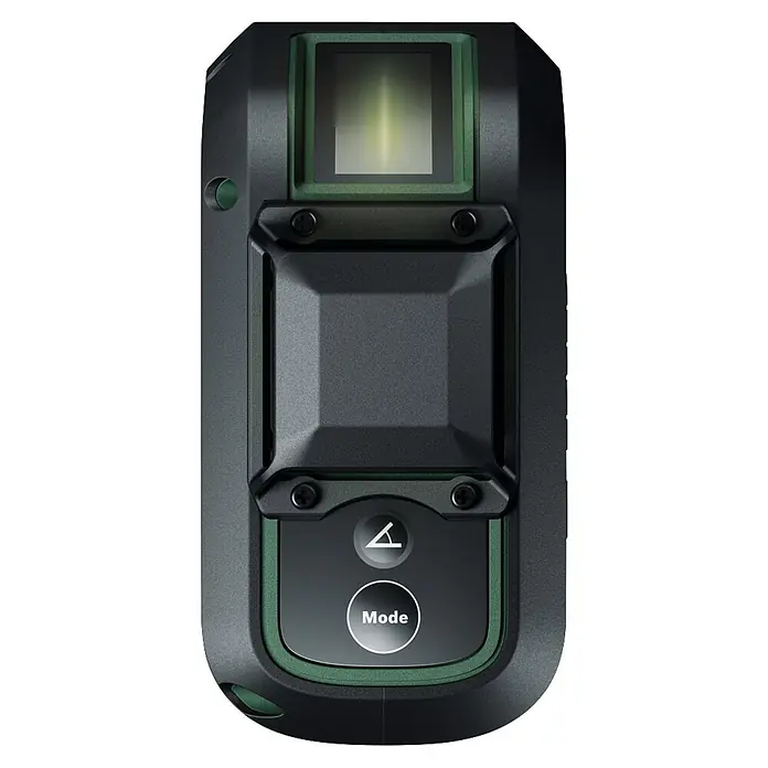 Bosch Kreuzlinienlaser PLL360-15G - Max. Arbeitsbereich: 30 m, 1 Akku, 3,6 V - Dunkelgraues/schwarzes Handmessgerät mit grünen Akzenten, Display und Bedientasten, inkl. „Mode“ und Winkelsymbol.