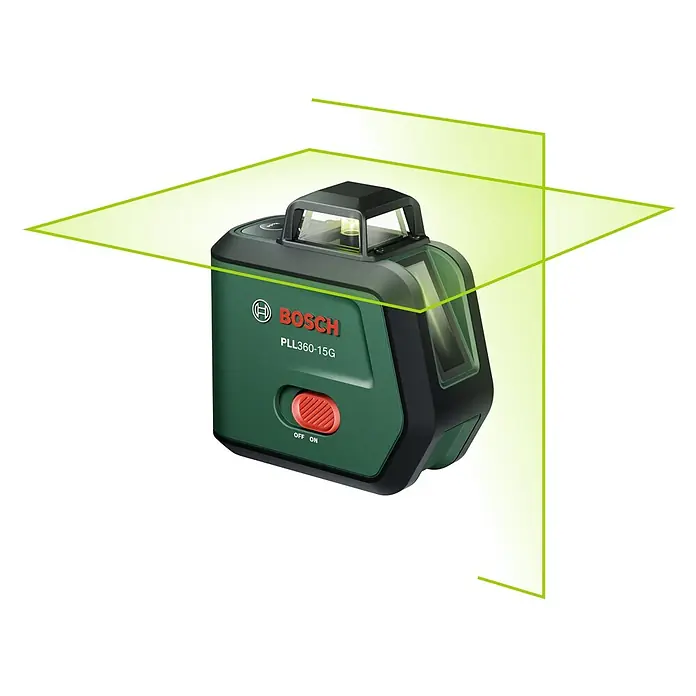 Bosch Kreuzlinienlaser PLL360-15G Set - Max. Arbeitsbereich: 30 m, 1 Akku, 3,6 V - Grün-schwarzer Bosch PLL360-15G Laser-Nivellierer strahlt helle grüne horizontale und vertikale Laserlinien aus.