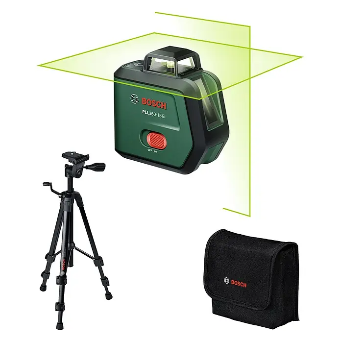 Bosch Kreuzlinienlaser PLL360-15G Set - Max. Arbeitsbereich: 30 m, 1 Akku, 3,6 V - Grüner Bosch Laser-Nivellier mit Stativ und schwarzer Tragetasche, der helle grüne 360-Grad-Laserlinien aussendet.