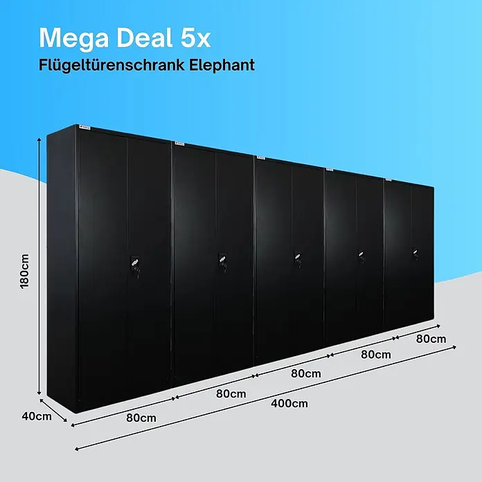 Proregal Metall-Mehrzweckschrank Mega Deal 5x ELEPHANT mit 2 Türen, abschließbar - Schwarz - Fünf schwarze Flügeltürenschränke aus Metall mit Schlössern, je 180cm H, 40cm T, 80cm B, gesamt 400cm B.