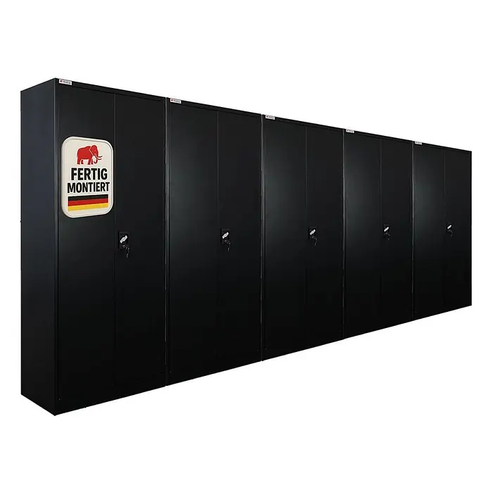 Proregal Metall-Mehrzweckschrank Mega Deal 5x ELEPHANT komplett montiert - Schwarz - Mehrere schwarze Metall-Lagerschränke. Der erste Schrank zeigt einen "FERTIG MONTIERT"-Aufkleber mit Elefantenlogo und deutscher Flagge.