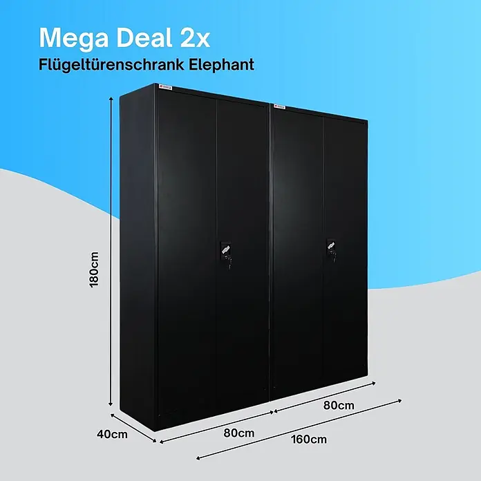 Proregal Metall-Mehrzweckschrank Mega Deal 2x ELEPHANT komplett montiert - Schwarz - Zwei schwarze Flügeltürenschränke aus Metall, 180cm H x 160cm B x 40cm T. Sichere Aufbewahrungslösung.