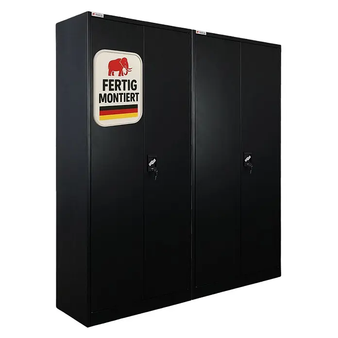 Proregal Metall-Mehrzweckschrank Mega Deal 2x ELEPHANT komplett montiert - Schwarz - Zwei schwarze Metallschränke, einer mit "fertig montiert"-Aufkleber und deutscher Flagge, beide mit Schlössern.