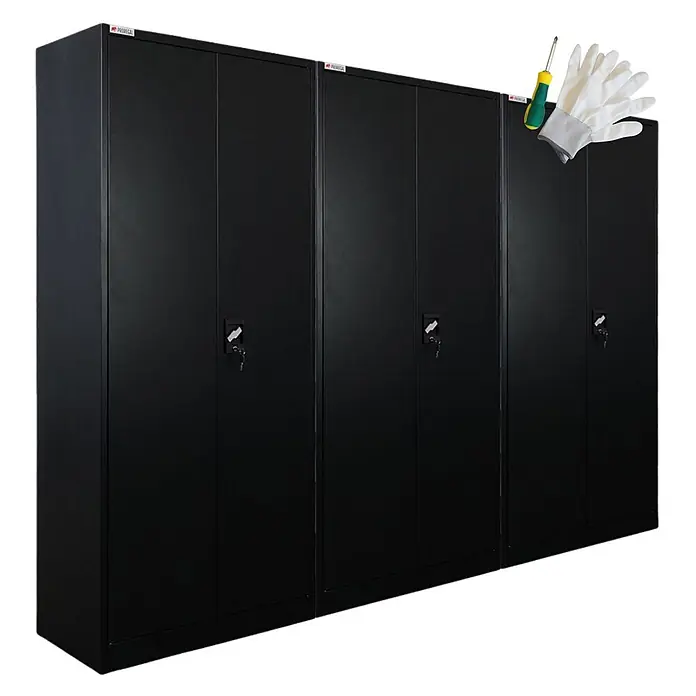 Proregal Metall-Mehrzweckschrank Mega Deal 3x ELEPHANT mit 2 Türen, abschließbar - Schwarz - Vier schwarze Metallschränke mit Schlössern und Montagewerkzeug (Schraubendreher, Handschuhe).