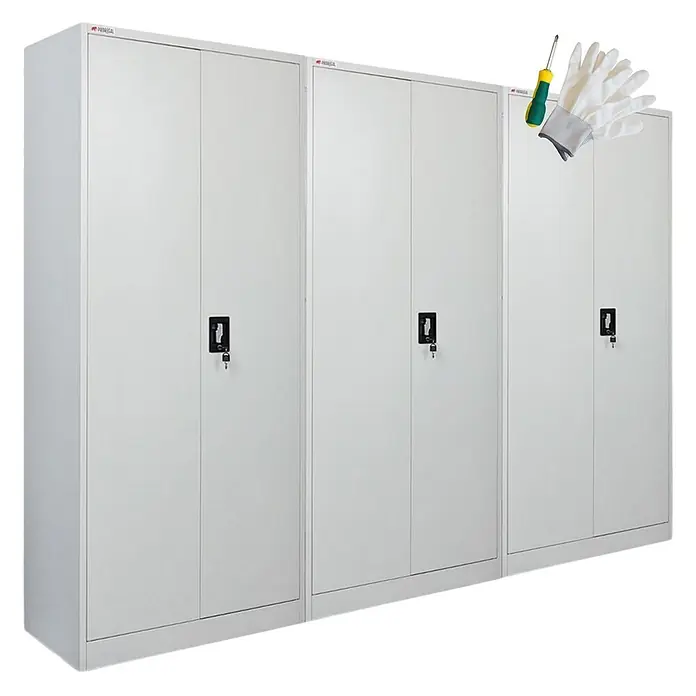 Proregal Metall-Mehrzweckschrank Mega Deal 3x ELEPHANT mit 2 Türen, abschließbar - 40 x 80 x 180 cm, Lichtgrau - Drei hellgraue Metallschränke mit schwarzen Schlössern und Schlüsseln.