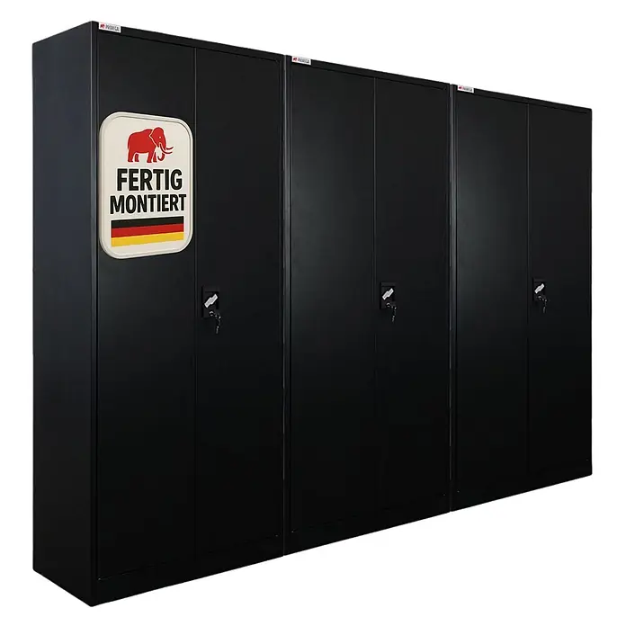 Proregal Metall-Mehrzweckschrank Mega Deal 3x ELEPHANT komplett montiert - Schwarz - Vier schwarze Metallschränke mit Schlüsseln, der erste mit einem 'FERTIG MONTIERT' Aufkleber, Elefantenlogo und deutscher Flagge.