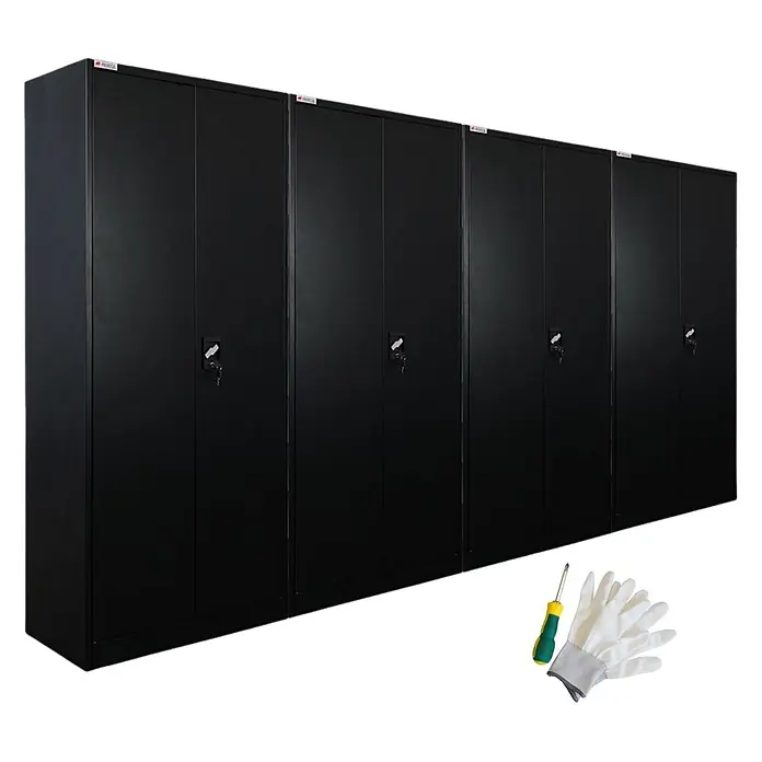 Proregal Metall-Mehrzweckschrank Mega Deal 4x ELEPHANT mit 2 Türen, abschließbar - Schwarz - Fünf schwarze Metallschränke mit Schlössern, dazu Schraubendreher und Arbeitshandschuhe.