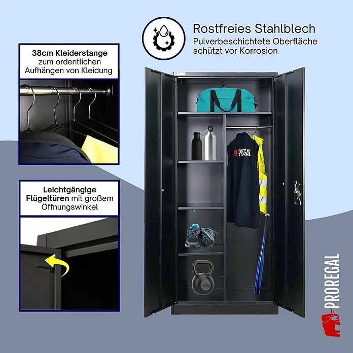 Proregal Metall-Mehrzweckschrank Mega Deal 2x ELEPHANT komplett montiert - Schwarz - Dunkelgrauer Metallschrank mit geöffneten Türen, Regalen und Kleiderstange.