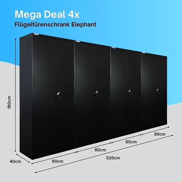 Proregal Metall-Mehrzweckschrank Mega Deal 4x ELEPHANT mit 2 Türen, abschließbar - Schwarz - Vier schwarze Flügeltürenschränke aus Metall mit Schlössern, 180cm H x 40cm T x 80cm B pro Stück (320cm Gesamtbreite).