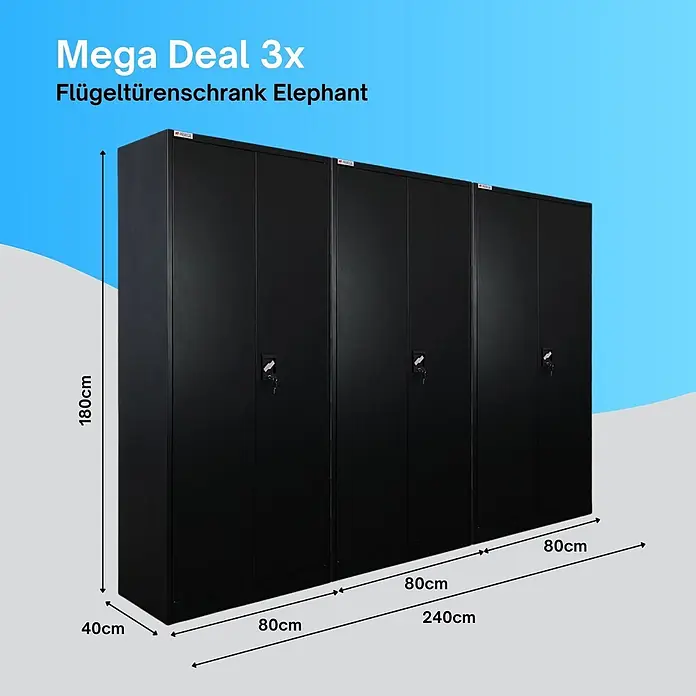 Proregal Metall-Mehrzweckschrank Mega Deal 3x ELEPHANT mit 2 Türen, abschließbar - Schwarz - Drei schwarze Flügeltürenschränke aus Metall, je 80 cm breit, gesamt 240 cm, 180 cm hoch und 40 cm tief.