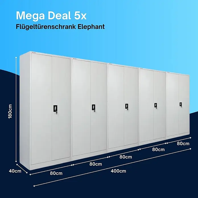 Proregal Metall-Mehrzweckschrank Mega Deal 5x ELEPHANT komplett montiert - Lichtgrau - 5 weiße Metall-Flügeltürenschränke, je 180x80x40cm, Gesamtbreite 400cm, zur Lagerung.