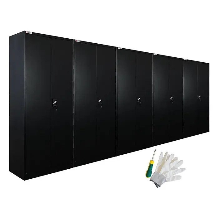 Proregal Metall-Mehrzweckschrank Mega Deal 5x ELEPHANT mit 2 Türen, abschließbar - Schwarz - Reihe schwarzer Metallschränke mit Schlössern, dazu Schraubendreher und weiße Montagehandschuhe.