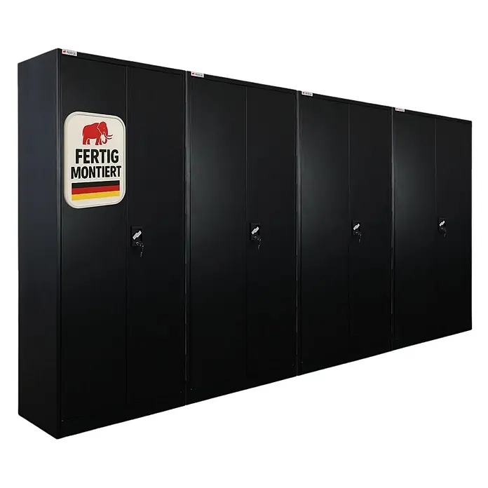 Proregal Metall-Mehrzweckschrank Mega Deal 4x ELEPHANT komplett montiert - Schwarz - Mehrere schwarze Metall-Lagerschränke mit Schlössern, einer mit „Fertig montiert“-Aufkleber und deutscher Flagge.
