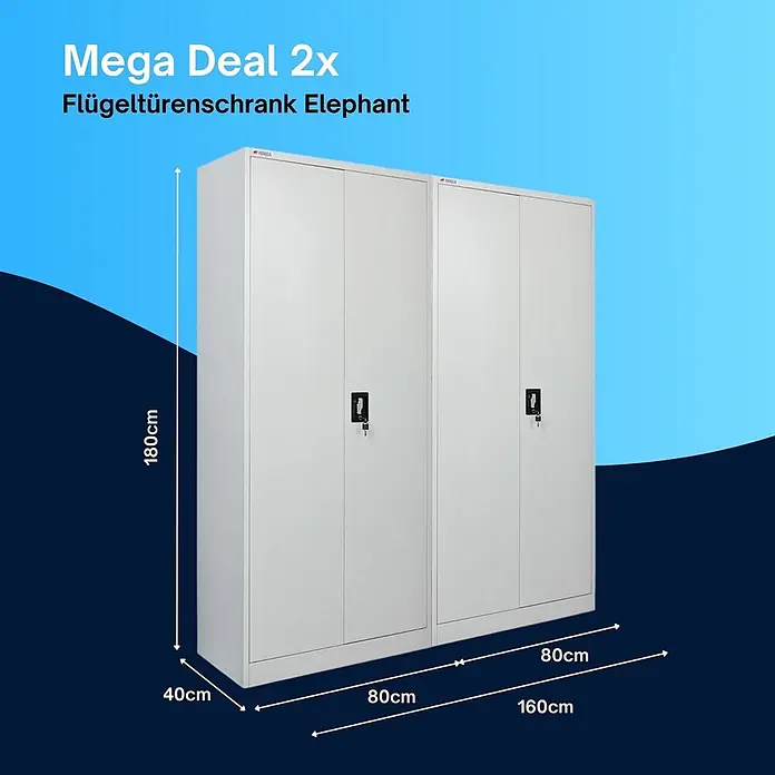 Proregal Metall-Mehrzweckschrank Mega Deal 2x ELEPHANT mit 2 Türen, abschließbar - Lichtgrau - Zwei hellgraue Flügeltürenschränke aus Metall, 180cm hoch, 40cm tief, Gesamtbreite 160cm.