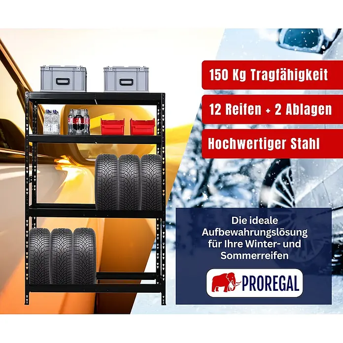 Proregal Reifenregal Tiger mit Fachboden - Stecken, Schwarz - Robustes schwarzes Stahlregal zur Aufbewahrung von Autoreifen und anderen Gegenständen, ideal für Garage und Werkstatt.