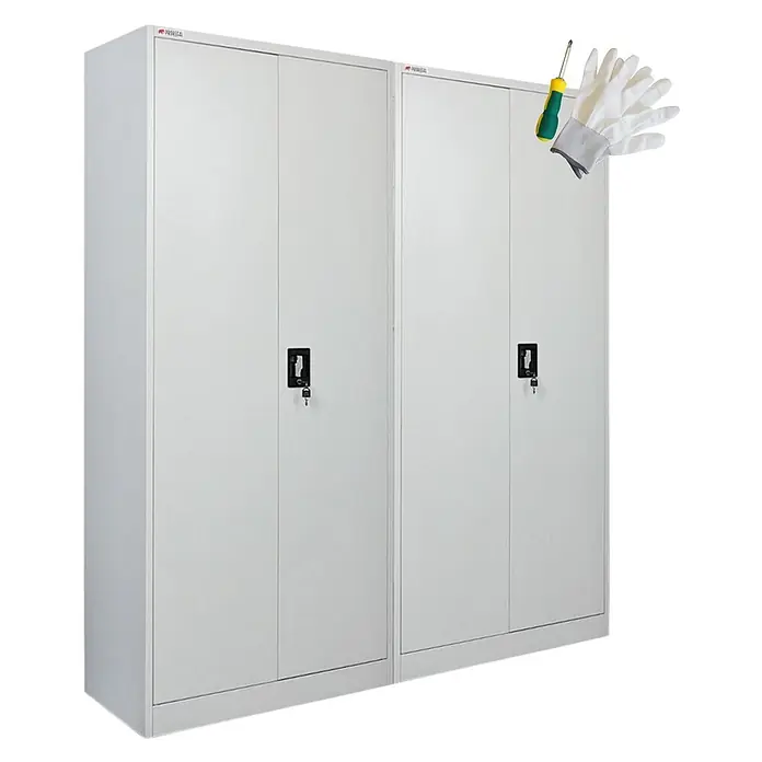 Proregal Metall-Mehrzweckschrank Mega Deal 2x ELEPHANT mit 2 Türen, abschließbar - Lichtgrau - Zwei hellgraue Metallschränke mit abschließbaren Türen. Inklusive Schraubendreher und Handschuhe.