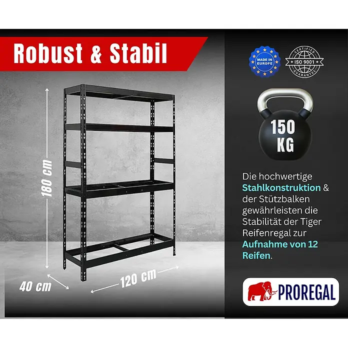 Proregal Reifenregal Tiger mit Fachboden - Stecken, Schwarz - Robustes schwarzes Stahl-Reifenregal, 180x120x40 cm, für 12 Reifen, 150 kg Traglast.