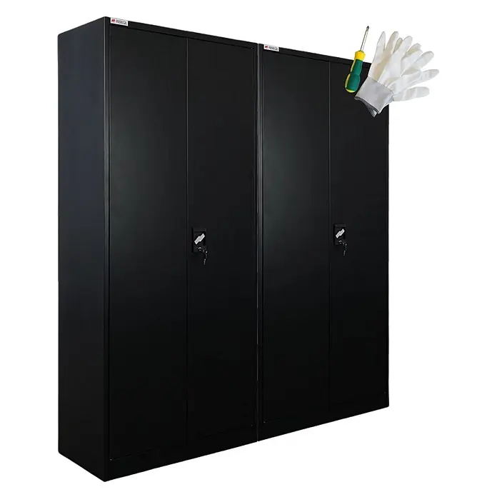 Proregal Metall-Mehrzweckschrank Mega Deal 2x ELEPHANT mit 2 Türen, abschließbar - Schwarz - Zwei schwarze Metall-Lagerschränke mit Schlüsseln, Schraubendreher und Handschuhen.