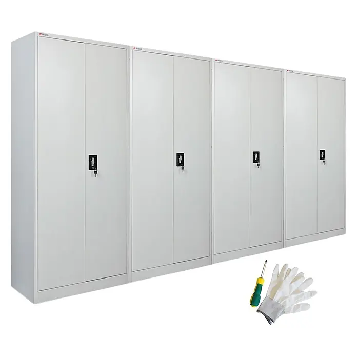 Proregal Metall-Mehrzweckschrank Mega Deal 4x ELEPHANT mit 2 Türen, abschließbar - 40 x 80 x 180 cm, Lichtgrau - Vier hellgraue Metall-Lagerschränke mit Schlüsseln, Schraubendreher und Schutzhandschuhen.