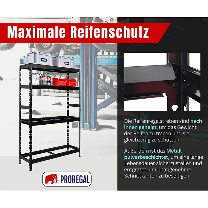 Proregal Reifenregal Tiger mit Fachboden - Stecken, Schwarz - Schwarzes pulverbeschichtetes Metallregal mit nach innen geneigten Fachböden, konzipiert für Reifenschutz und Schwerlast.