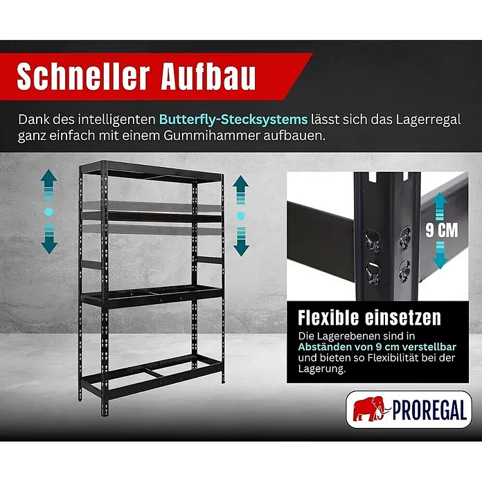 Proregal Reifenregal Tiger mit Fachboden - Stecken, Schwarz - Schwarzes Metall-Lagerregal mit einfachem Stecksystem und in 9 cm Abständen verstellbaren Böden.
