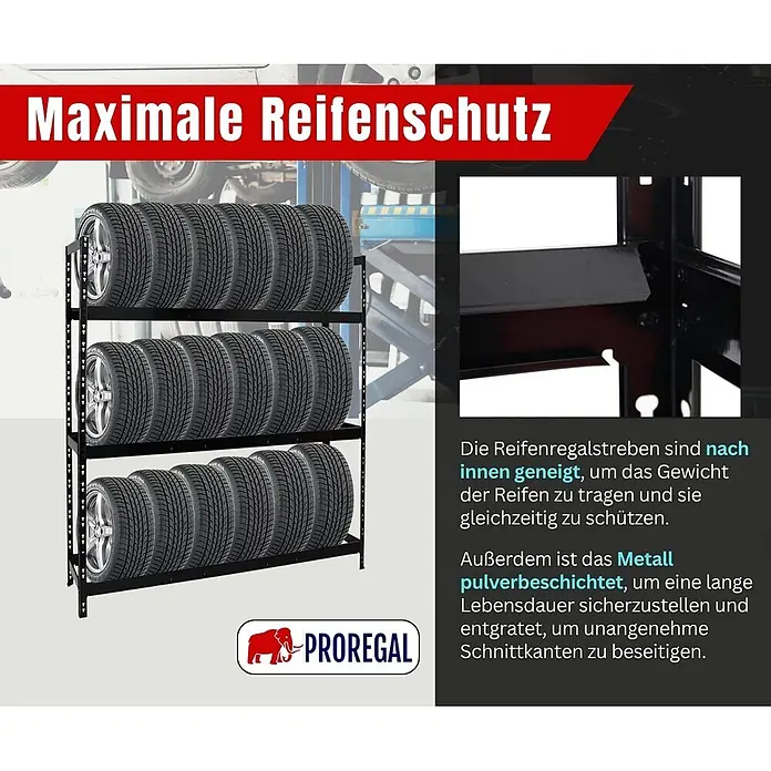 Proregal Reifenregal Tiger XL - Stecken, Schwarz - Schwarzes Metall-Reifenregal mit drei Ebenen, gefüllt mit Reifen, und geneigten Streben für sichere Lagerung.