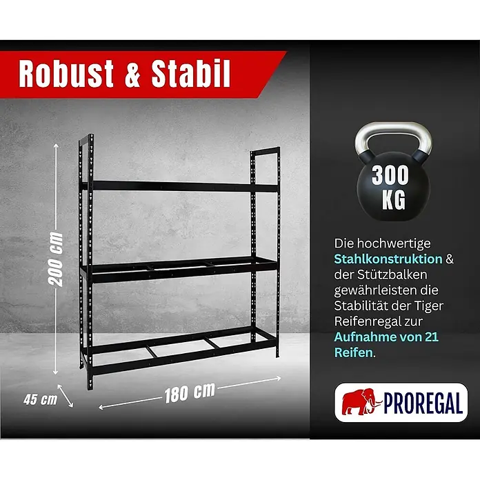 Proregal Reifenregal Tiger XL - Stecken, Schwarz - Schwarzes Stahlreifenregal, 200x180x45 cm, Traglast 300 kg, für 21 Reifen ausgelegt.