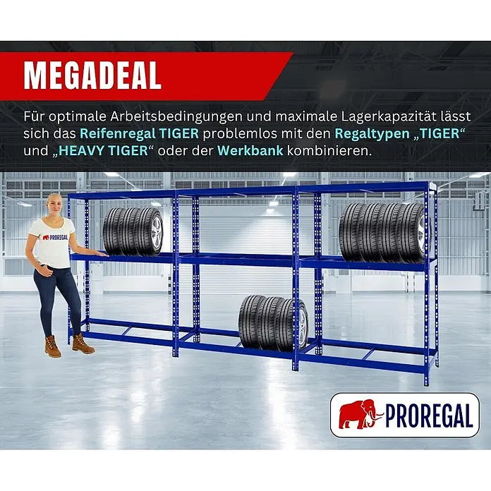 Proregal Reifenregal Tiger mit Fachboden - Stecken, Blau - Blaues Metall-Reifenregal TIGER in einem Lager, gefüllt mit Autoreifen, mit einer Frau daneben zur Größenreferenz.
