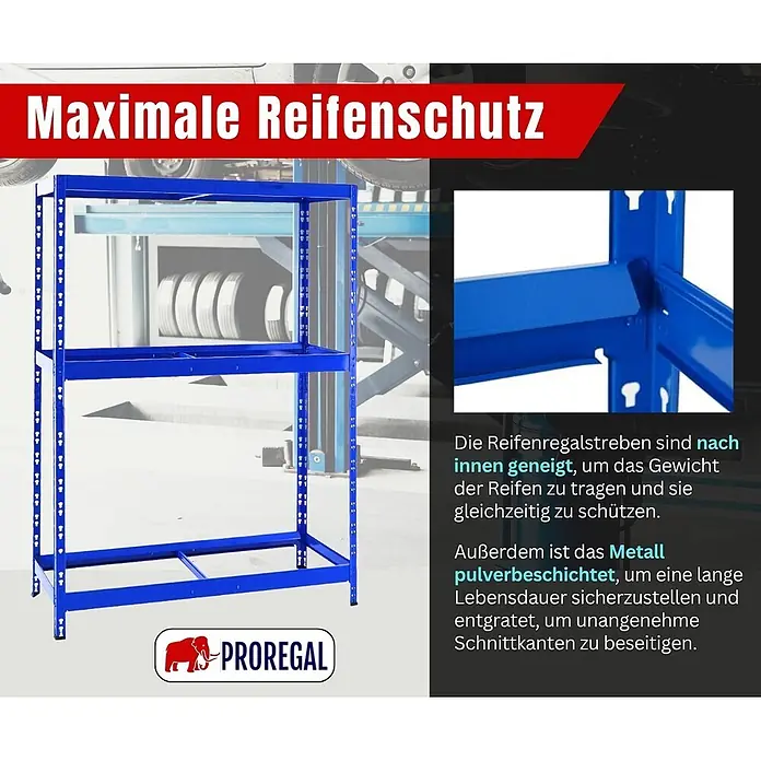 Proregal Reifenregal Tiger mit Fachboden - Stecken, Blau - Blaues Metall-Reifenregal mit mehreren Ablagen zur Reifenlagerung.