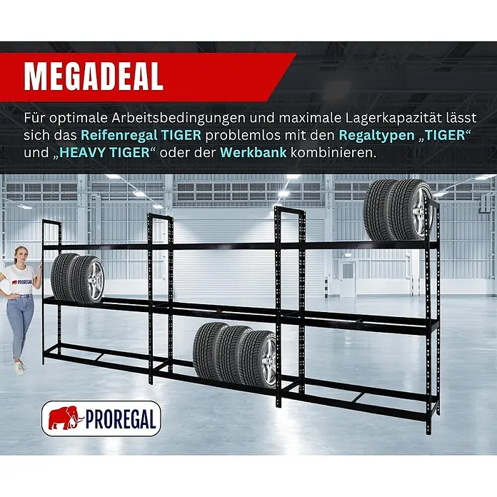Proregal Reifenregal Tiger XL - Stecken, Schwarz - Schwarzes Metall-Reifenregal mit mehreren Ebenen für Autoreifen, in einem Lagerhaus, demonstriert durch eine Frau.