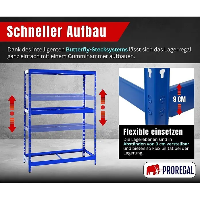 Proregal Reifenregal Tiger mit Fachboden - Stecken, Blau - Blaues Metall-Lagerregal mit verstellbaren Böden und 9 cm Einstellungsintervallen für einfache Montage.