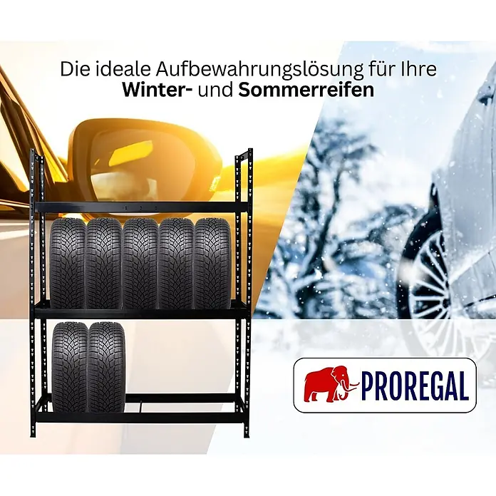 Proregal Reifenregal Tiger XL - Stecken, Schwarz - Schwarzes Metallregal mit zwei Böden, das mehrere Reifen lagert. Ideal für Winter- und Sommerreifen.