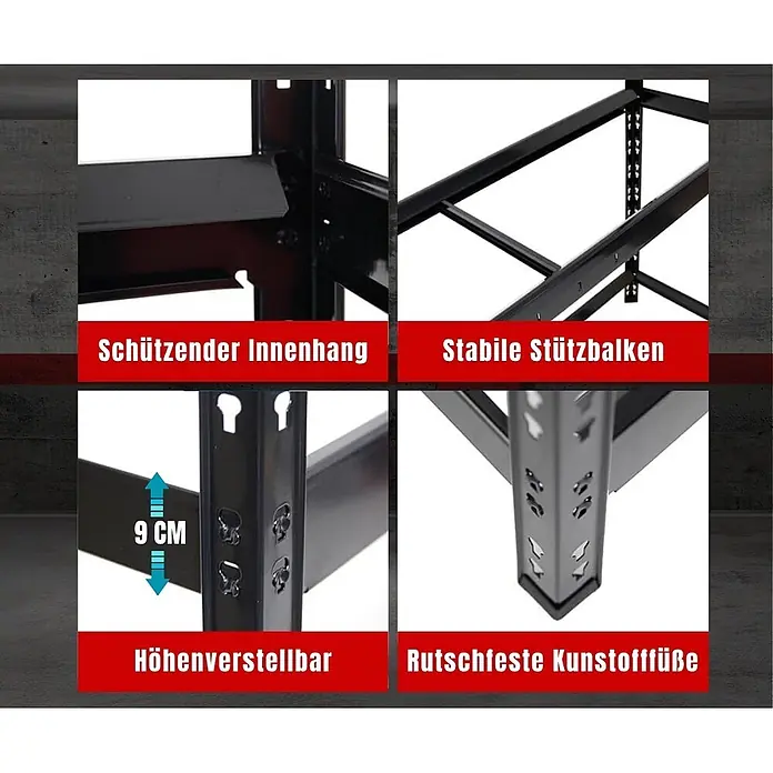 Proregal Reifenregal Tiger XL - Stecken, Schwarz - Schwarzes Metallregal mit schützendem Innenhang, stabilen Stützbalken, 9 cm Höhenverstellbarkeit und rutschfesten Kunststofffüßen.