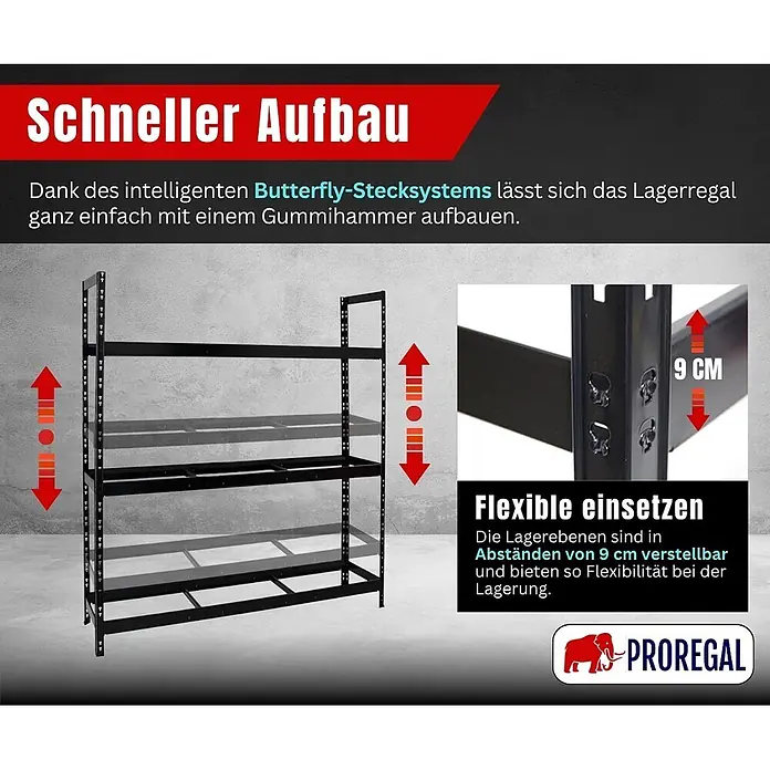 Proregal Reifenregal Tiger XL - Stecken, Schwarz - Schwarzes Metall-Lagerregal mit höhenverstellbaren Böden (9 cm Abstand) für flexible Lagerung und schnellen Aufbau.