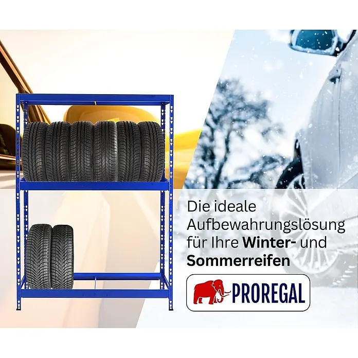 Proregal Reifenregal Tiger mit Fachboden - Stecken, Blau - Blaues Metall-Reifenregal mit mehreren Autoreifen. Ideale Lösung zur Lagerung von Winter- und Sommerreifen.