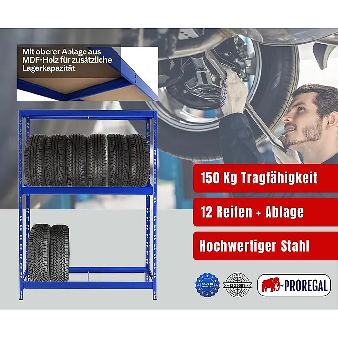 Proregal Reifenregal Tiger mit Fachboden - Stecken, Blau - Blaues Reifenregal aus Stahl mit drei Ebenen, inkl. MDF-Oberplatte, für Reifenlagerung.