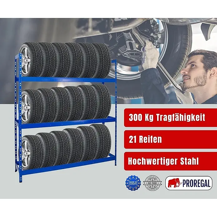 Proregal Reifenregal Tiger XL - Stecken, Blau - Blaues Metall-Reifenregal für 21 Reifen mit 300 kg Tragfähigkeit in einer Autowerkstatt.