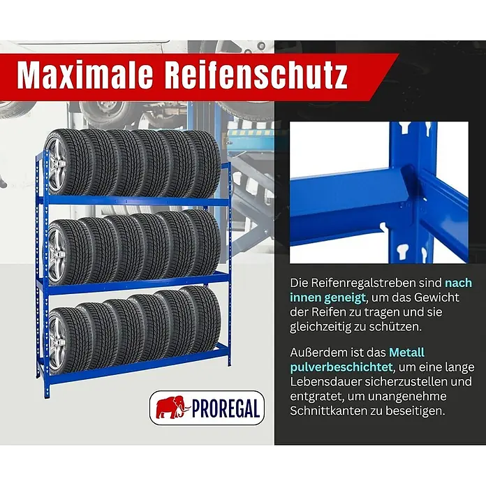 Proregal Reifenregal Tiger XL - Stecken, Blau - Blauer Metall-Reifenregal, gefüllt mit Autoreifen, für Schutz und Lagerung konzipiert.
