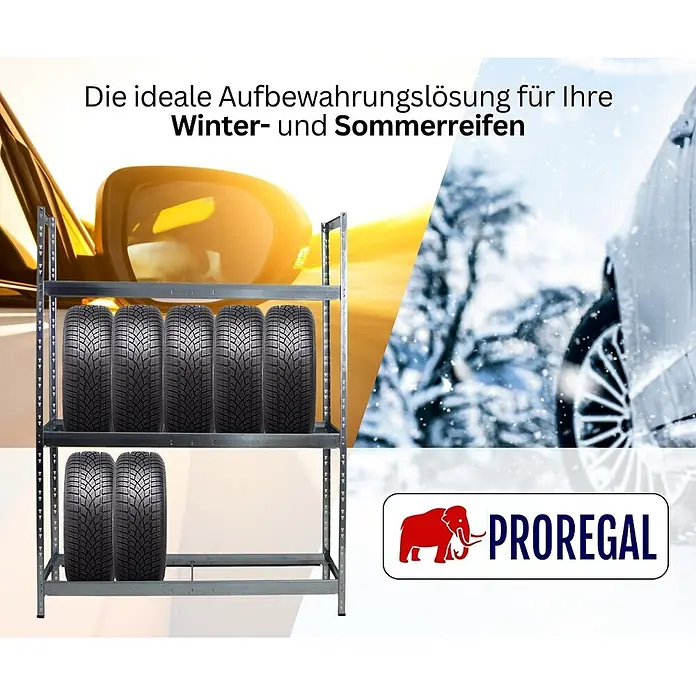 Proregal Reifenregal Tiger XL - Stecken, Verzinkt - Graues Metallregal mit zwei Ebenen, zur Lagerung von sieben Autoreifen. Hintergrund zeigt Autos im Sommer und Winter für saisonale Reifenlagerung.