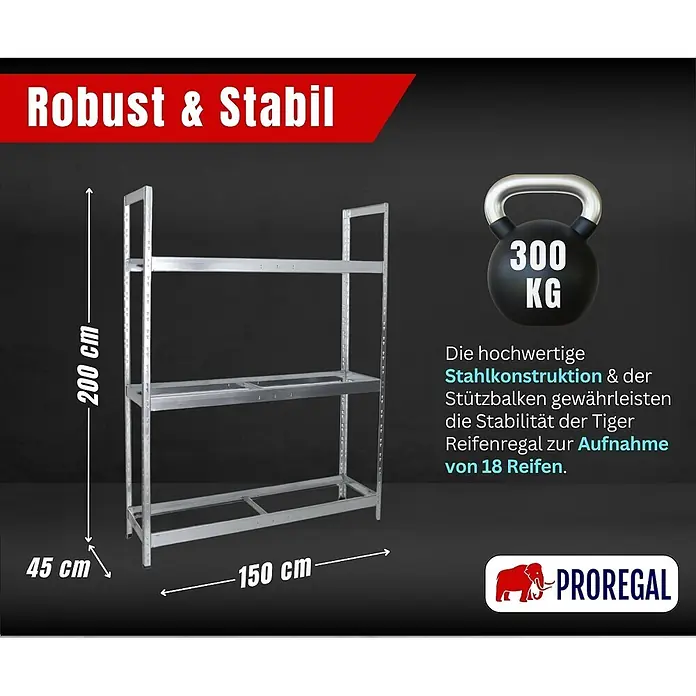 Proregal Reifenregal Tiger XL - Stecken, Verzinkt - Robustes Stahl-Reifenregal, 200x150x45 cm, für 18 Reifen, 300 kg Traglast.