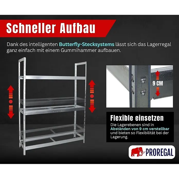Proregal Reifenregal Tiger XL - Stecken, Verzinkt - Silbernes Metall-Lagerregal mit Böden, die in 9 cm Abständen verstellbar sind, für schnellen Aufbau mit einem Gummihammer.