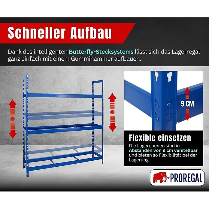 Proregal Reifenregal Tiger XL - Stecken, Blau - Blaues Lagerregal mit intelligentem Butterfly-Stecksystem für einfachen Aufbau. Ablagen sind flexibel in 9 cm Abständen verstellbar.
