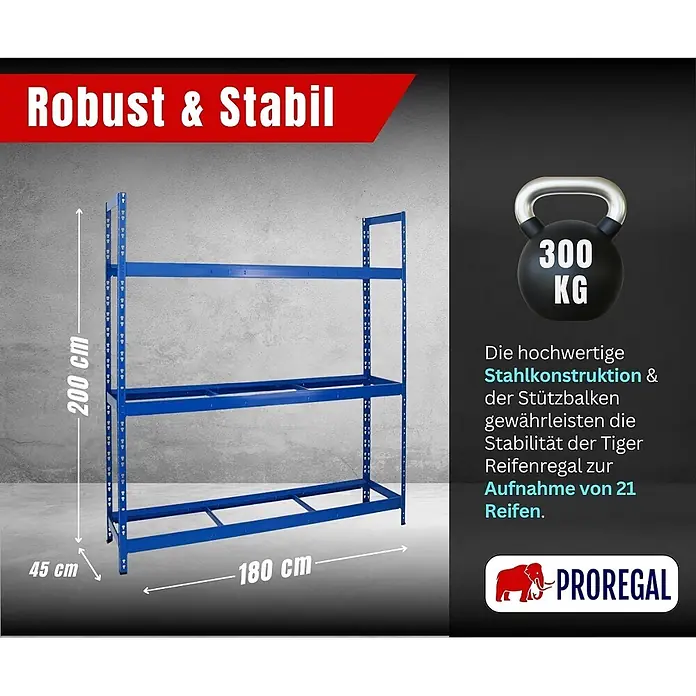 Proregal Reifenregal Tiger XL - Stecken, Blau - Blaues Stahl-Reifenregal, 200x180x45 cm, robust und stabil für 300 kg und 21 Reifen.