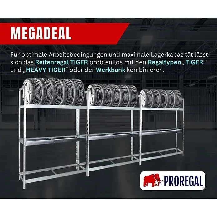 Proregal Reifenregal Tiger XL - Stecken, Verzinkt - Silbernes Metall-Reifenregal mit Reifen auf der obersten Ebene, in einer Lagerhalle.