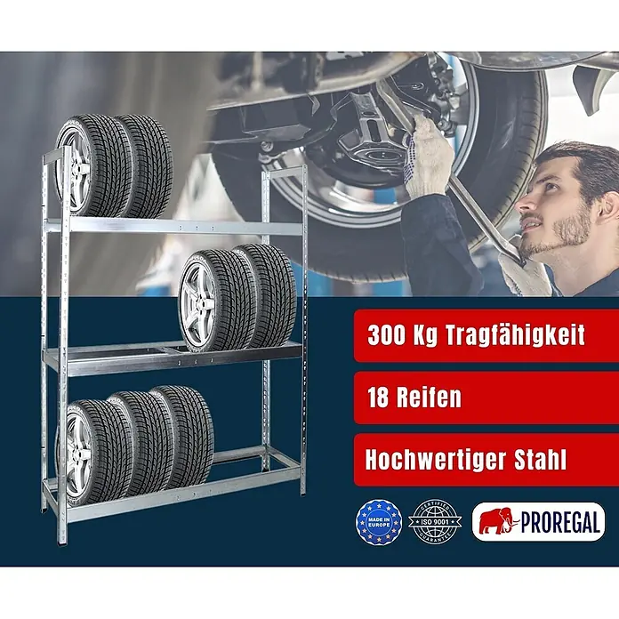 Proregal Reifenregal Tiger XL - Stecken, Verzinkt - Ein robustes Reifenregal aus hochwertigem Stahl mit 300 kg Tragfähigkeit für 18 Reifen, mit Reifen in einer Werkstatt gezeigt.
