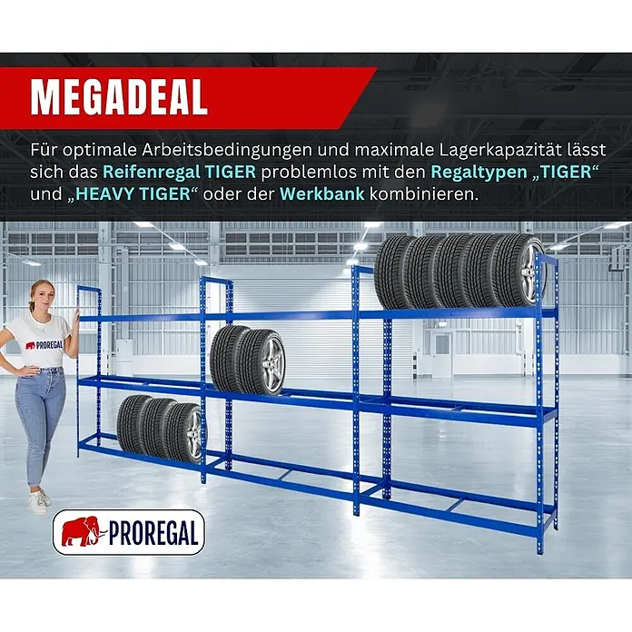 Proregal Reifenregal Tiger XL - Stecken, Blau - Blaues Metall-Reifenregal in einer Lagerhalle, mit Reifen bestückt. Eine Frau steht zur Größenansicht daneben.
